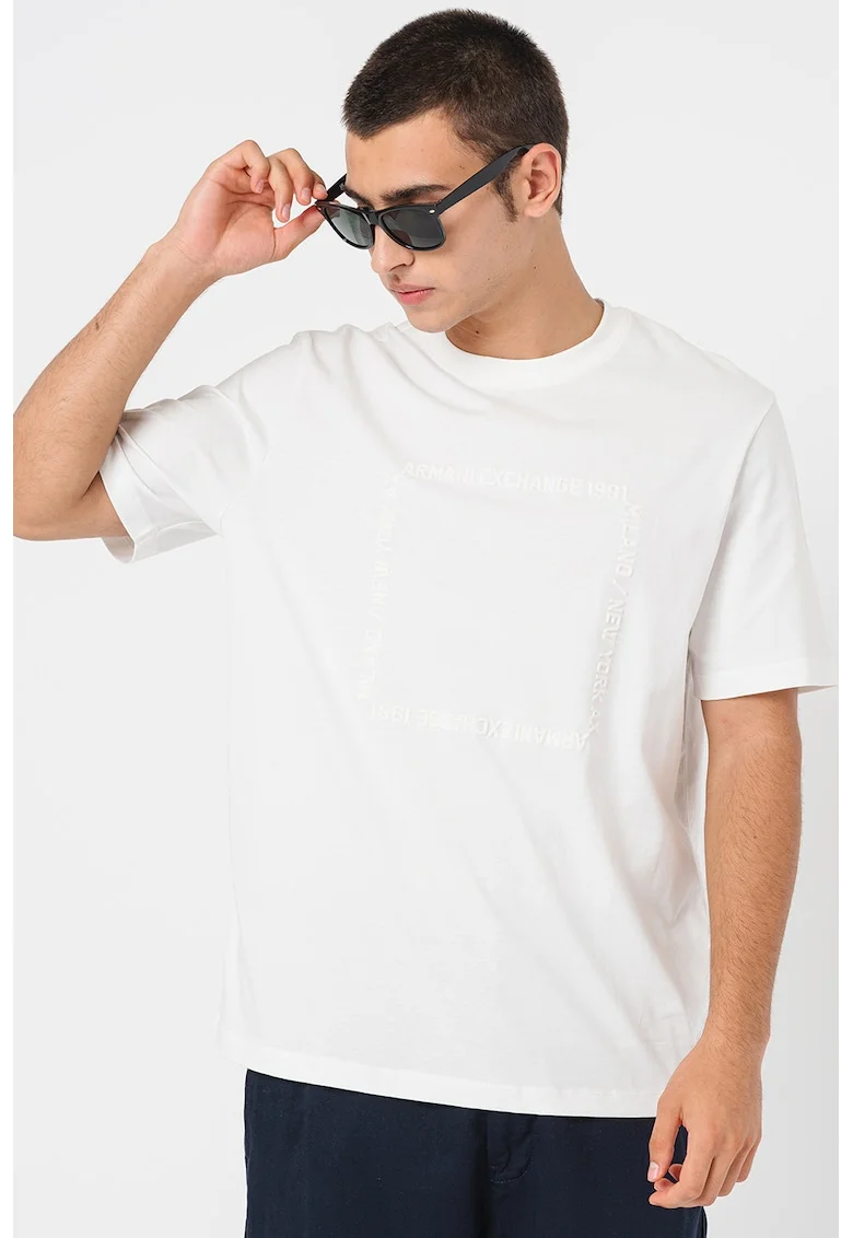 Tricou de bumbac cu decolteu la baza gatului, Alb optic