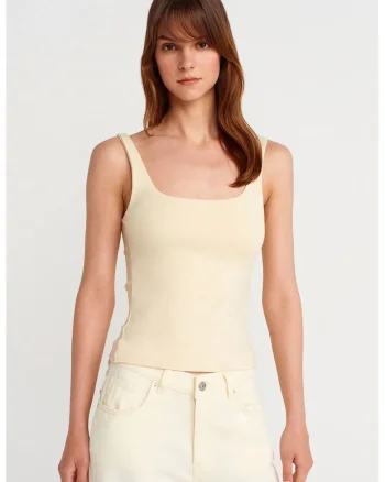 Bluza dama  fara maneci, guler patrat, crem natural, Crem natur