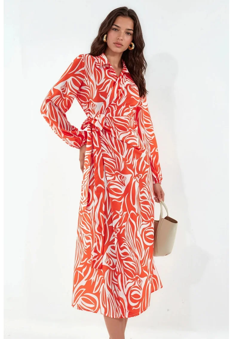 Rochie Midi,  petrecuta, decolteu in V, multicolor, crep poliester-lycra