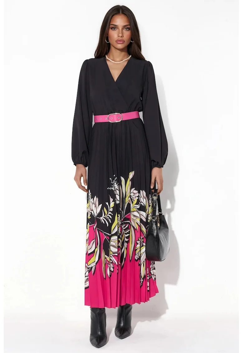 Rochie midi, dama,  floral, multicolor, poliester si lycra, cu cordon