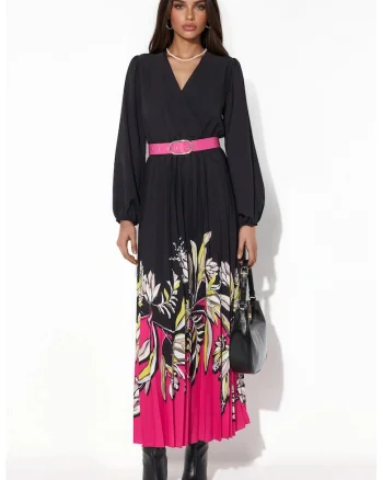 Rochie midi, dama,  floral, multicolor, poliester si lycra, cu cordon
