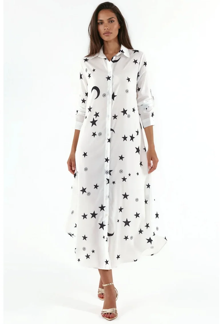 Rochie camasa maxi,  imprimeu text, multicolor, poliester si lycra