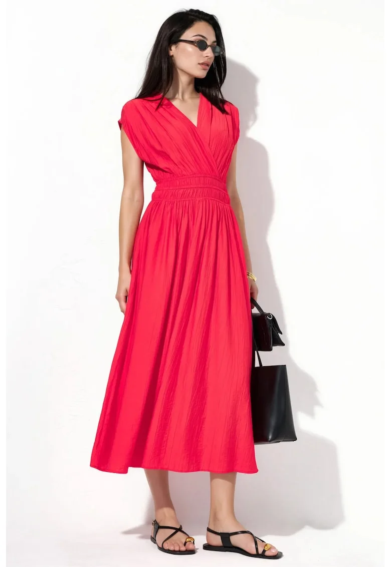 Rochie Midi  Portocalie, Fara Maneci, Decolteu in V, 100% Poliester