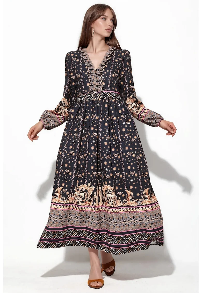 Rochie Maxi,  Floral, Multicolor, Casual, Maneci lungi, Decolteu in V, Cu curea,