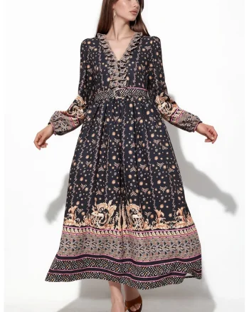 Rochie Maxi,  Floral, Multicolor, Casual, Maneci lungi, Decolteu in V, Cu curea,