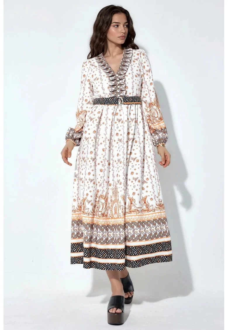 Rochie Maxi,  Floral, Multicolor, Casual, cu curea, Maneci lungi