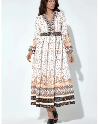 Rochie Maxi,  Floral, Multicolor, Casual, cu curea, Maneci lungi
