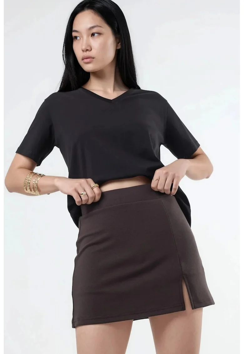 Fuste-pantalon,  mini, talie inalta, maro cafea, bumbac cu elastan