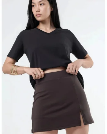 Fuste-pantalon,  mini, talie inalta, maro cafea, bumbac cu elastan