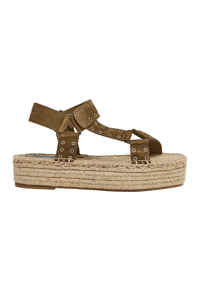 Sandale-espadrile flatform de piele intoarsa, Kaki