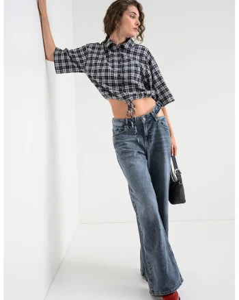 Blugi cu croiala ampla si model cu catarama, Albastru deschis