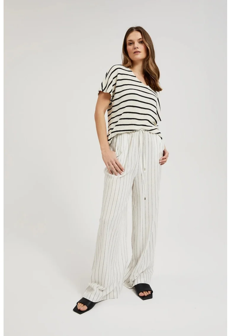 Pantaloni din in in dungi albe, Alb