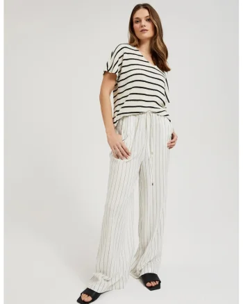 Pantaloni din in in dungi albe, Alb