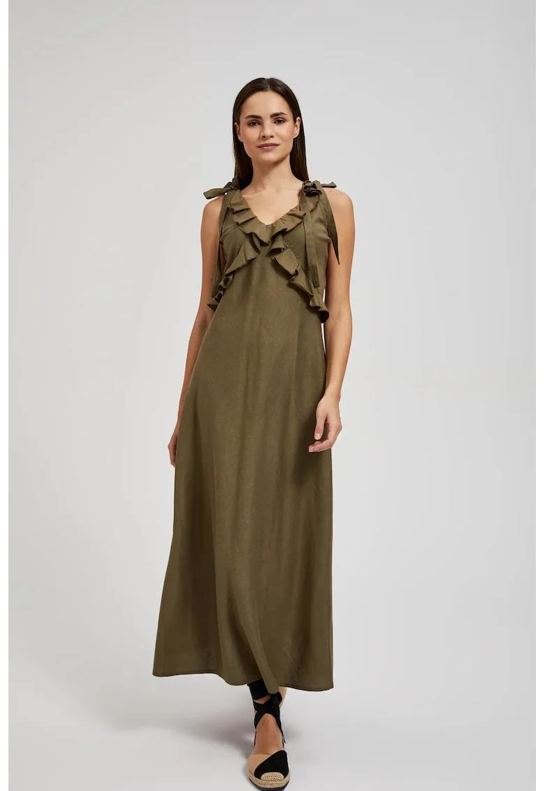 Rochie din Vascoza cu Volane Verdeoliv, Kaki