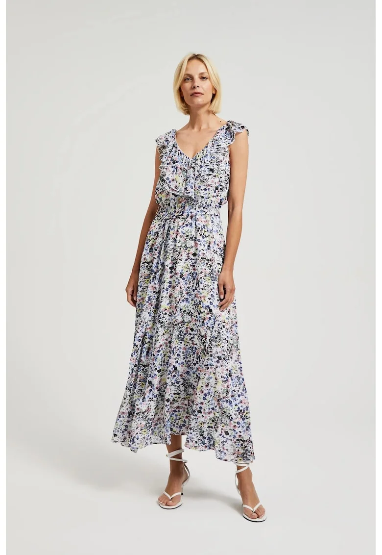 Rochie florala cu volanas la decolteu in albastru deschis, Albastru