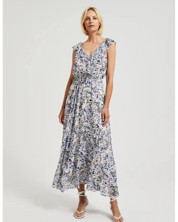 Rochie florala cu volanas la decolteu in albastru deschis, Albastru