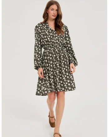 Rochie Flared Floral Oliv, Kaki
