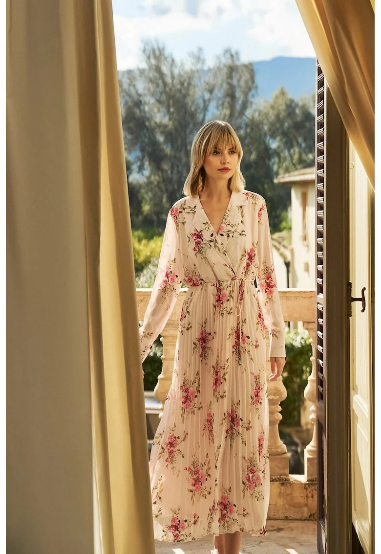 Rochie plisata roz cu flori, Roz lucios