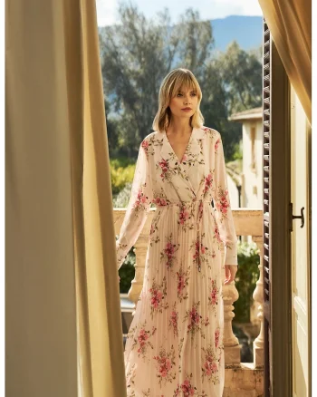 Rochie plisata roz cu flori, Roz lucios