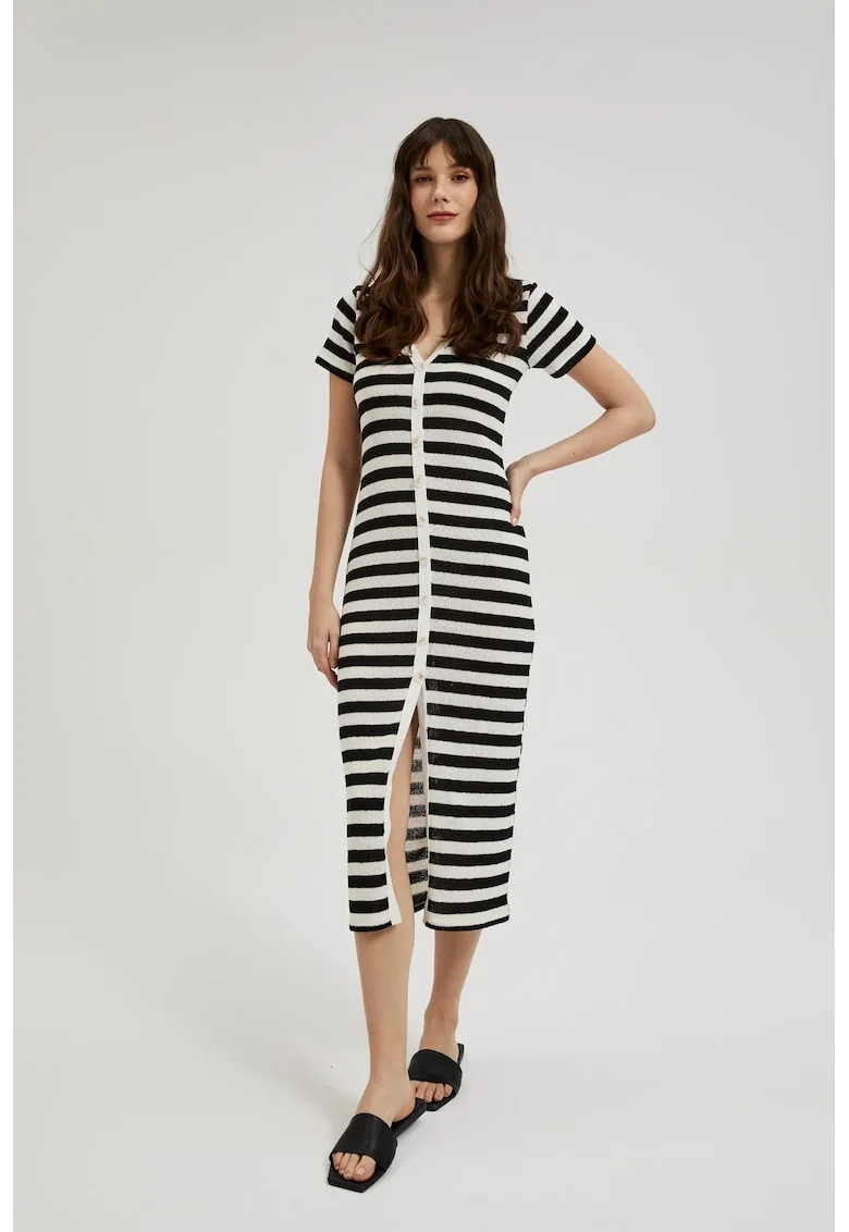 Rochie in dungi cu nasturi, negru-bej, Negru