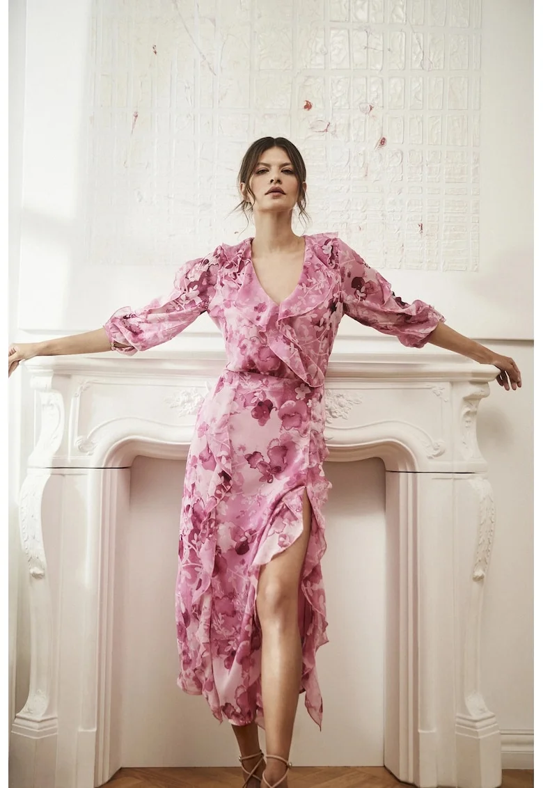 Rochie cu volane si model floral roz, Roz lucios