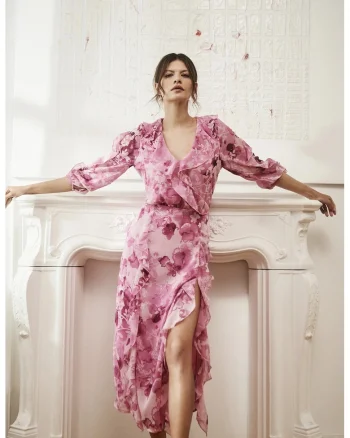 Rochie cu volane si model floral roz, Roz lucios