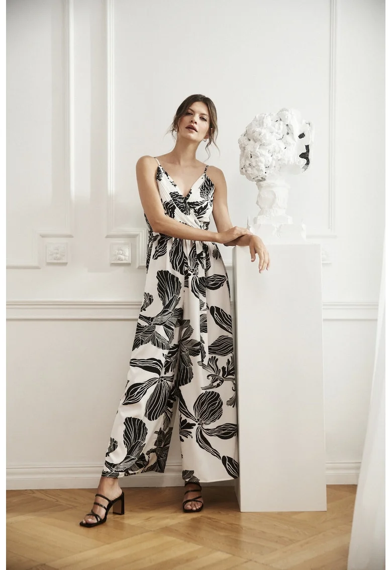 Salopeta cu model tropical alb-negru, Alb