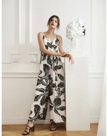Salopeta cu model tropical alb-negru, Alb
