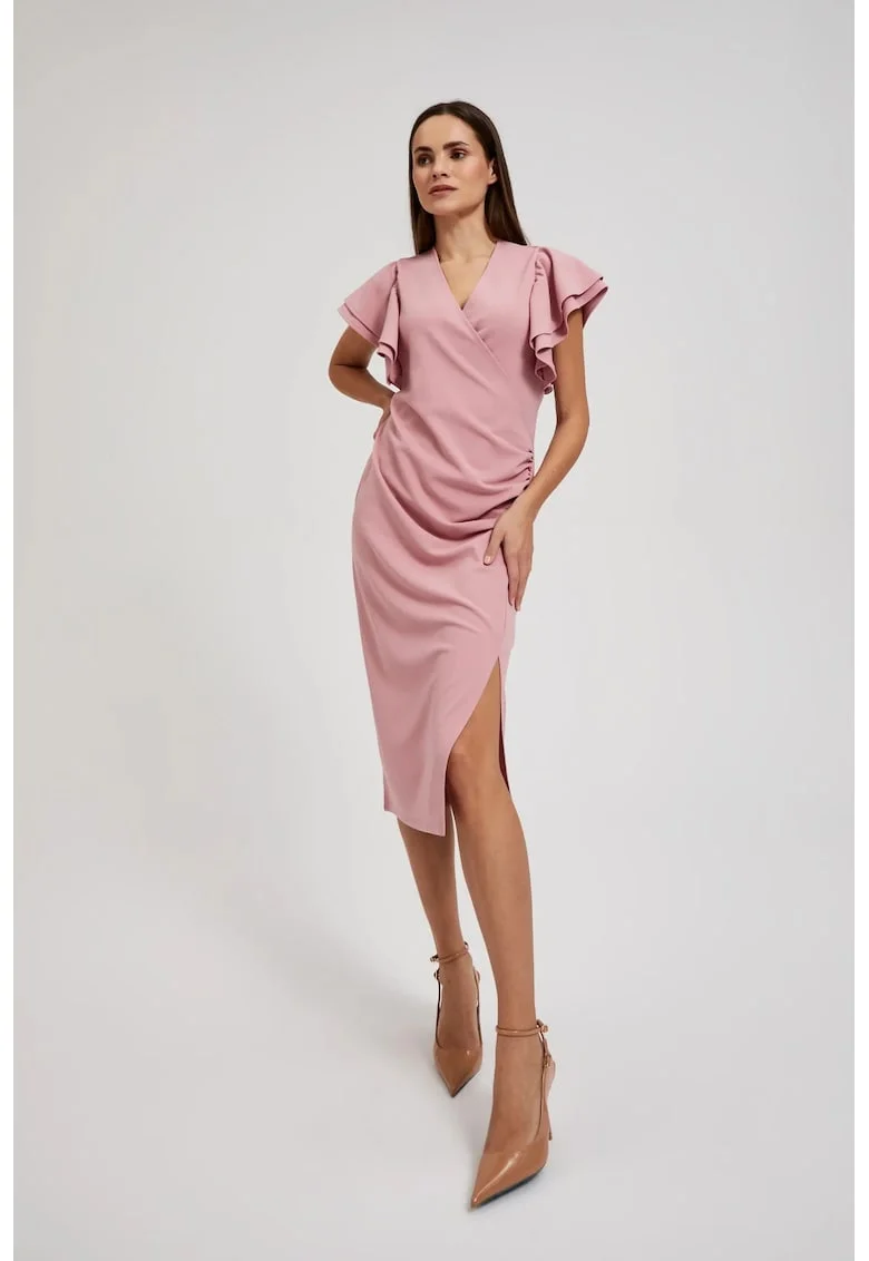 Rochie roz cu maneci volan, Roz lucios