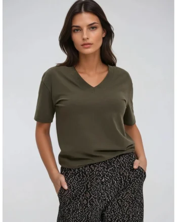 Tricou  decolteu V verde, Kaki