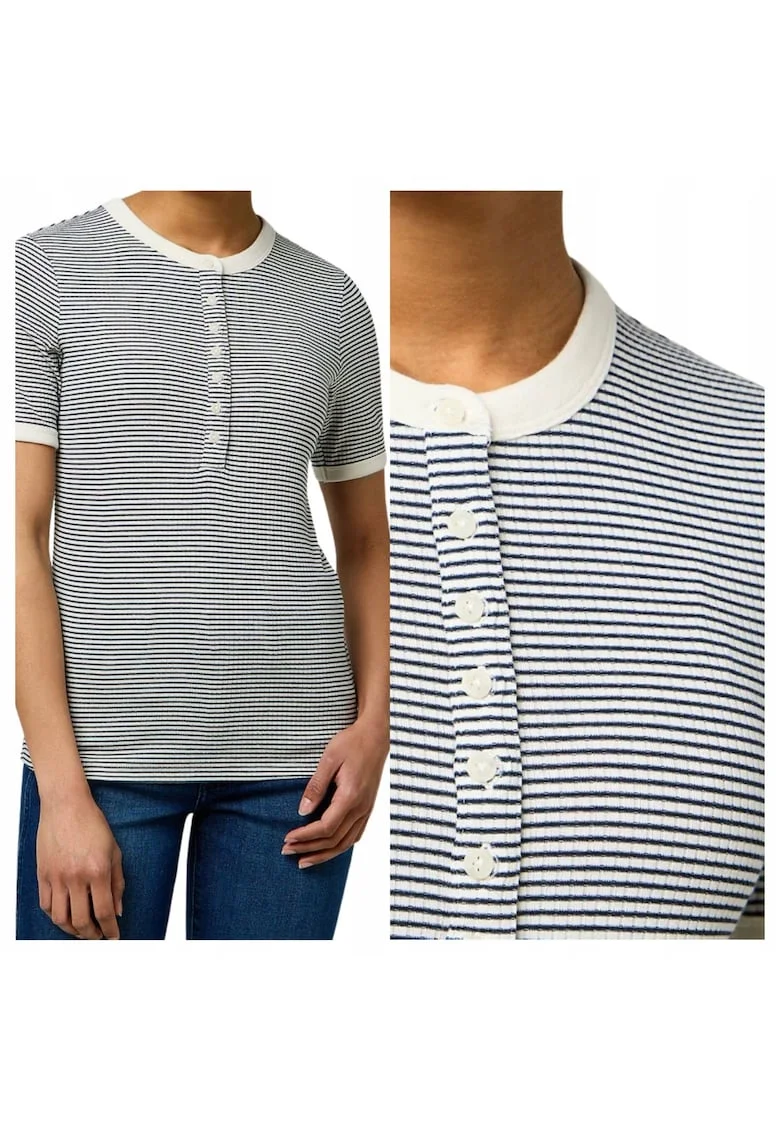 Tricou slim fit cu dungi din bumbac si modal, Albastru inchis