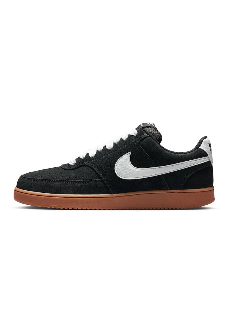 Pantofi sport Court Vision low-cut din piele intoarsa, Negru/Alb optic/Caramel