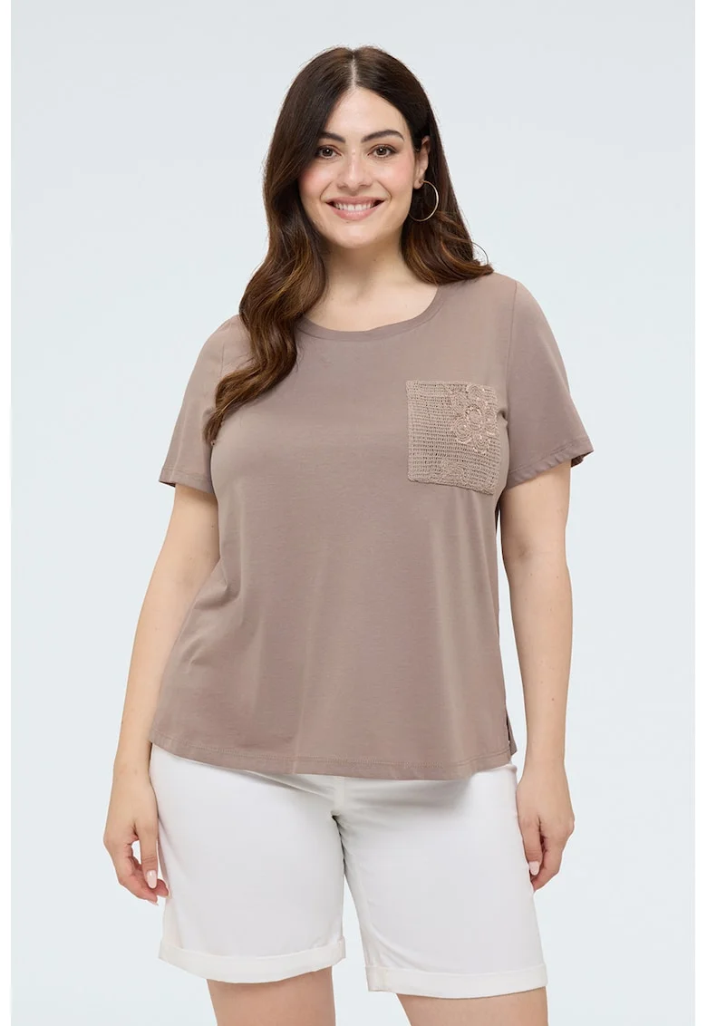 Tricou cu buzunar pe piept cu broderie si paiete, Maro deschis
