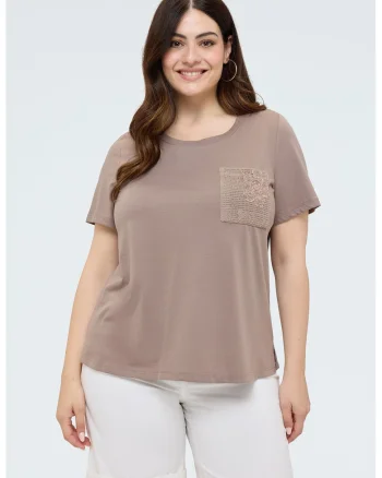 Tricou cu buzunar pe piept cu broderie si paiete, Maro deschis