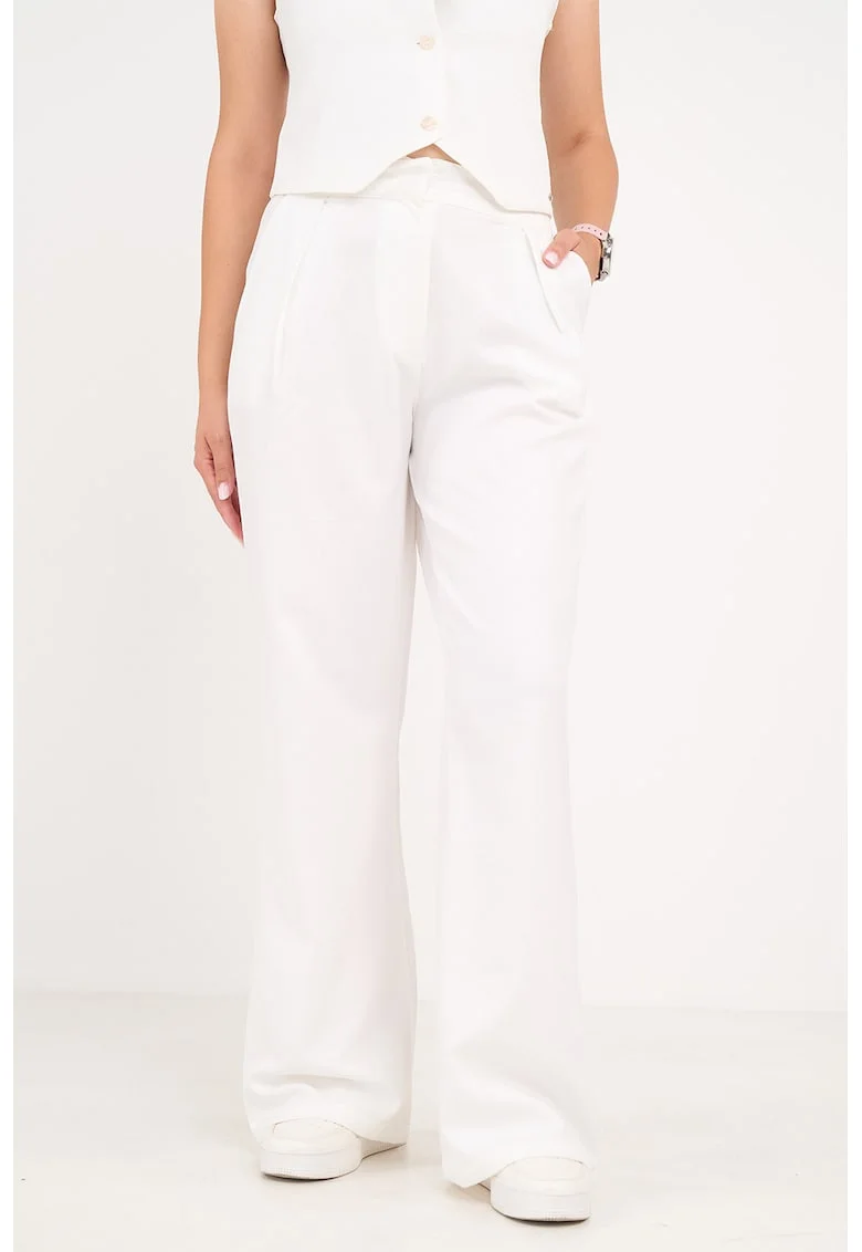 Pantaloni uni cu talie inalta, Alb optic