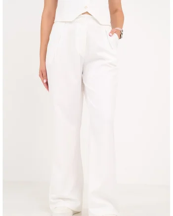 Pantaloni uni cu talie inalta, Alb optic