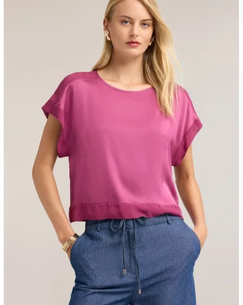 Bluza din satin cu decolteu barcuta, Roz fandango