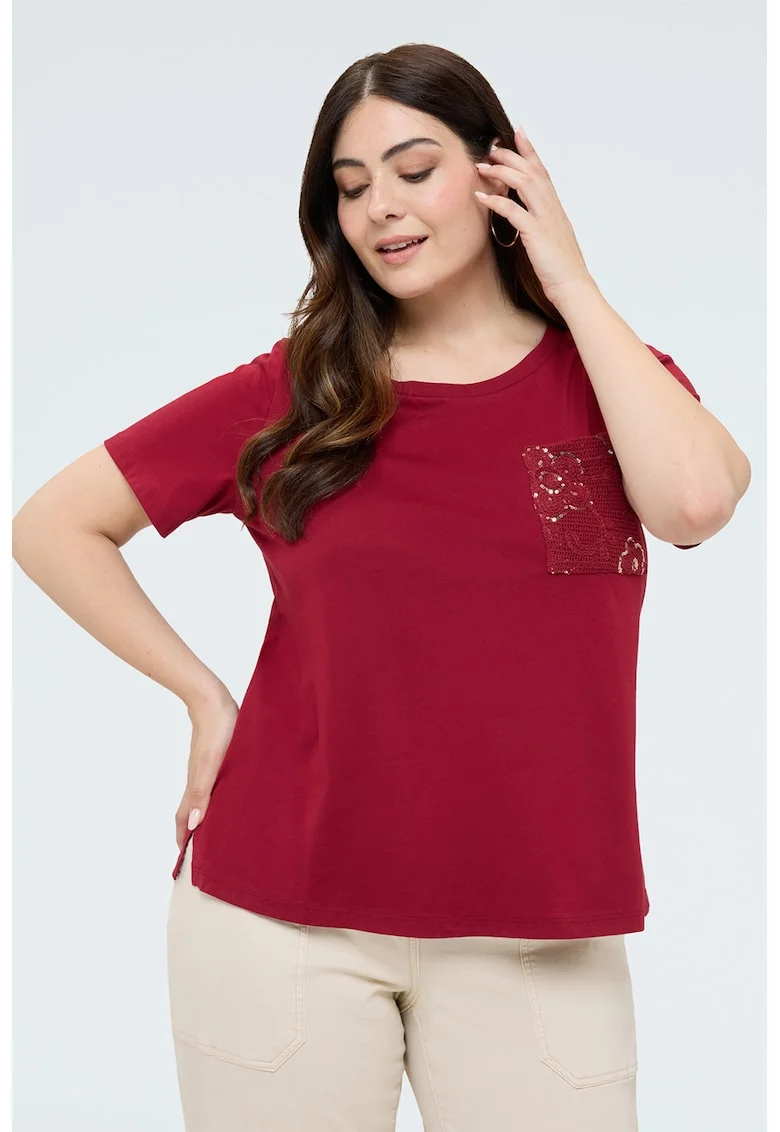 Tricou cu buzunar pe piept cu broderie si paiete, Visiniu inchis