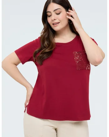Tricou cu buzunar pe piept cu broderie si paiete, Visiniu inchis