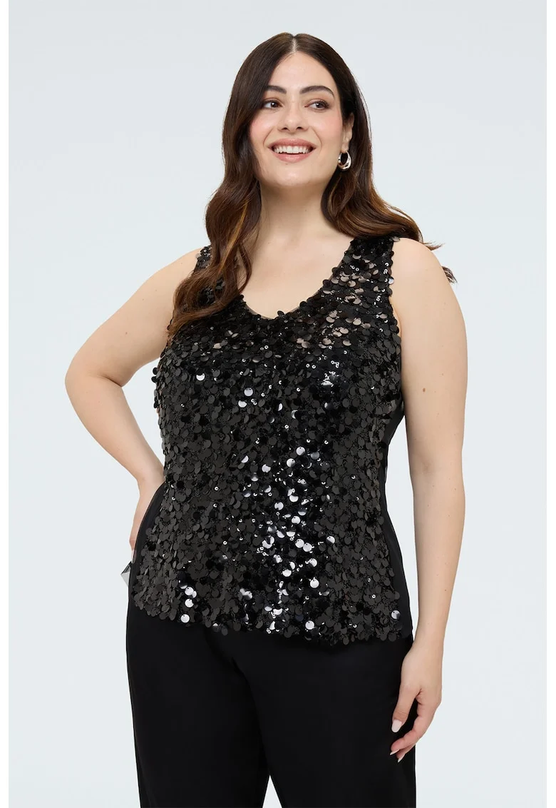 Bluza cu decolteu rotund si paiete, Negru