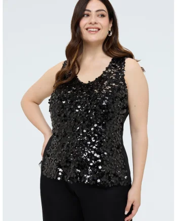Bluza cu decolteu rotund si paiete, Negru