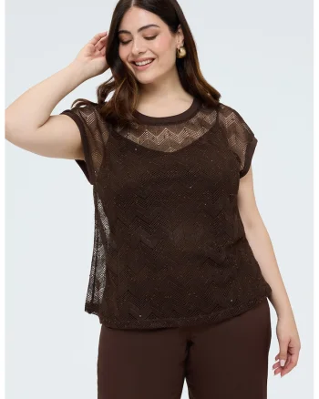Tricou transparent cu decolteu la baza gatului, Maro inchis