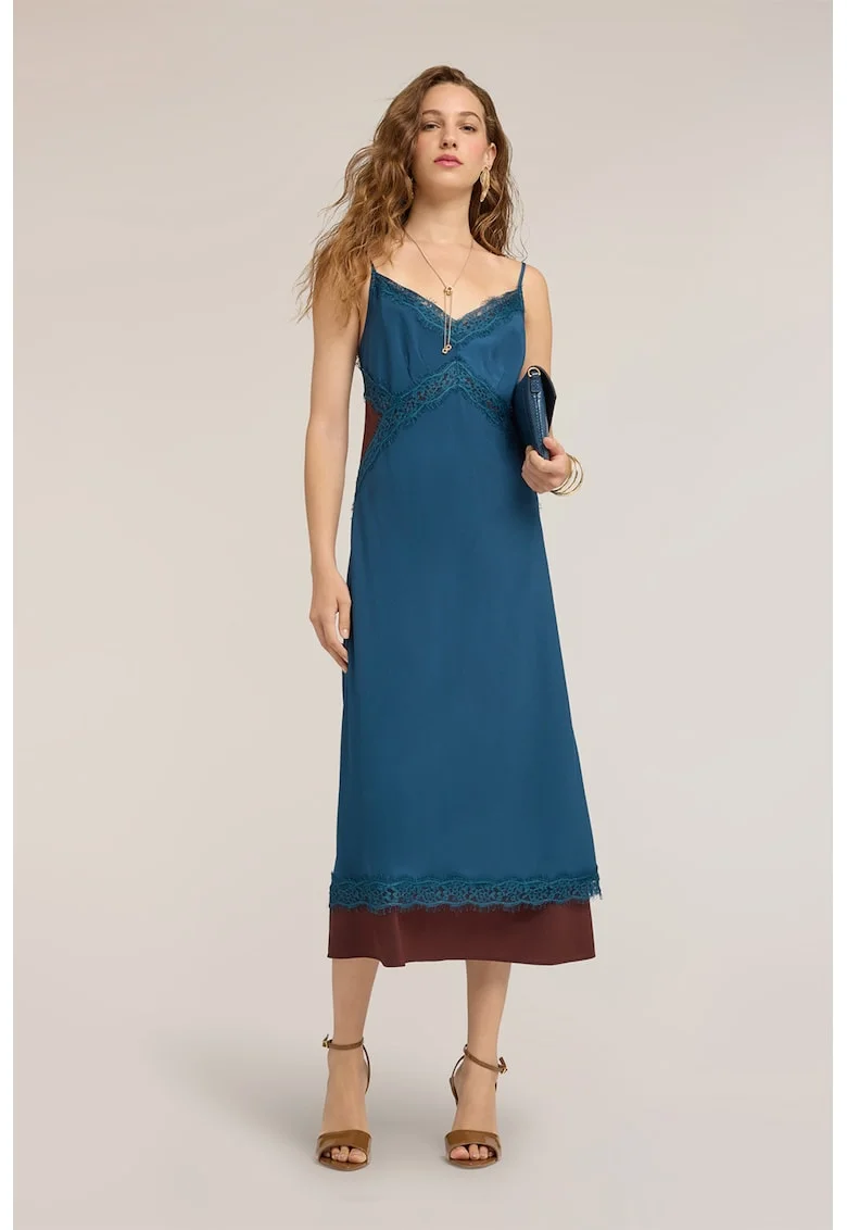Rochie-furou midi cu garnituri de dantela, Albastru petrol