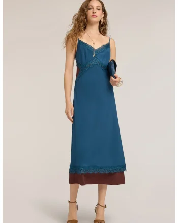 Rochie-furou midi cu garnituri de dantela, Albastru petrol