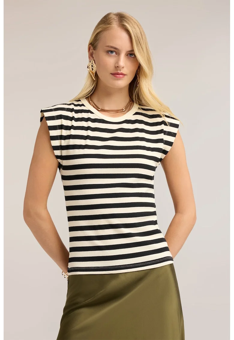 Tricou din amestec de bumbac cu model in dungi, Negru/Bej