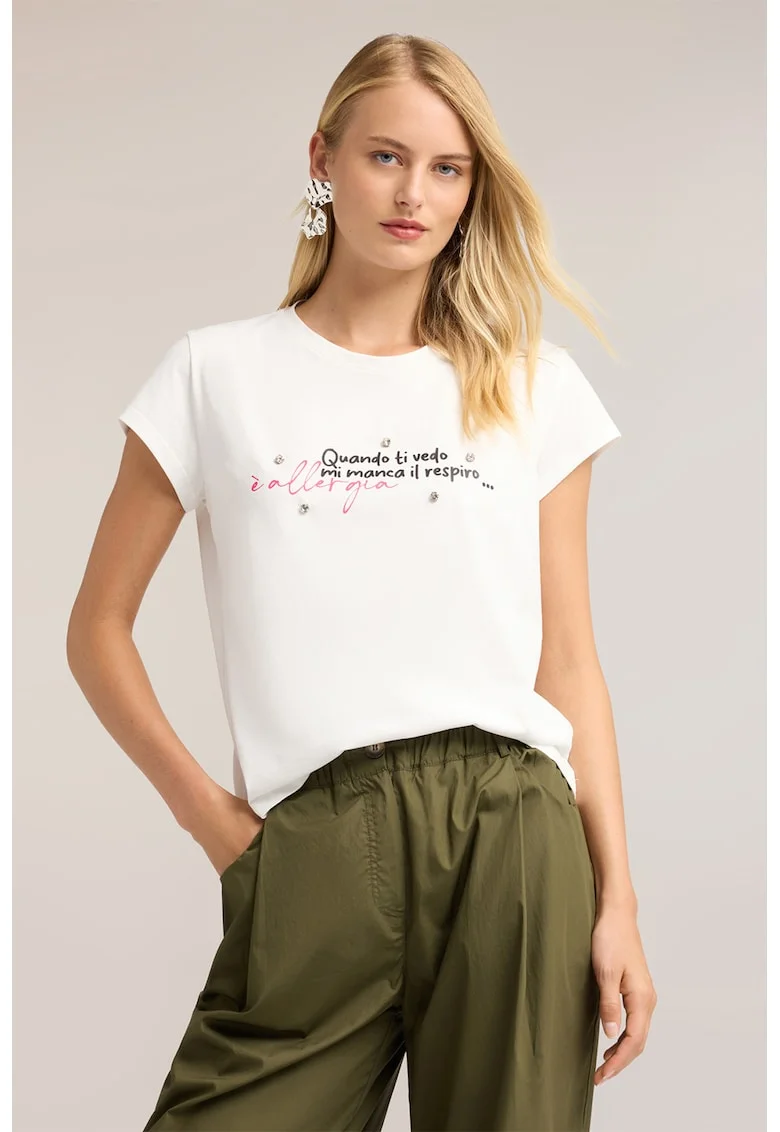 Tricou lejer din bumbac cu model text, Alb optic