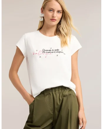 Tricou lejer din bumbac cu model text, Alb optic