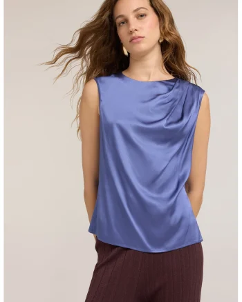 Top de satin cu drapaje, Albastru stins