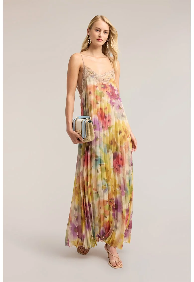 Rochie plisata cu model floral, Galben/Bej/Roz