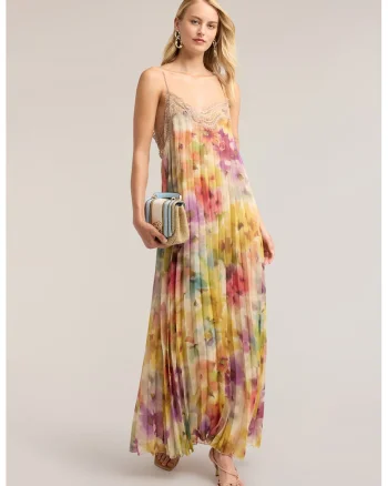 Rochie plisata cu model floral, Galben/Bej/Roz